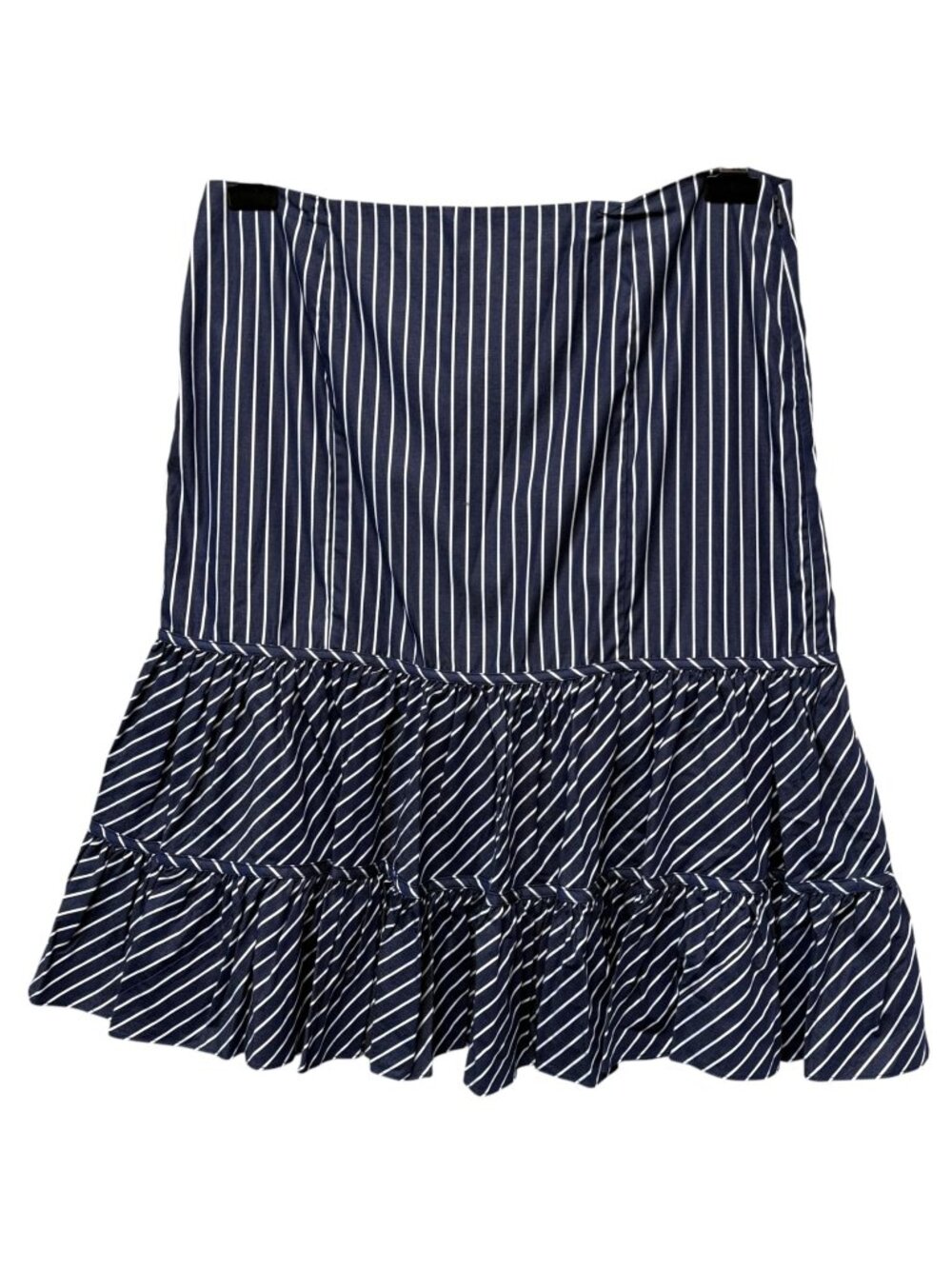 LAUREN Ralph Lauren Skirt Navy Stripe Ruffle Hem Size 12 Cotton Midi Preppy